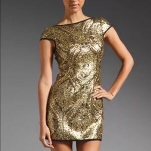 Nanette Lepore Gold Sequin Mini Sheath Dress Cap Sleeve Cocktail Metallic Size 2